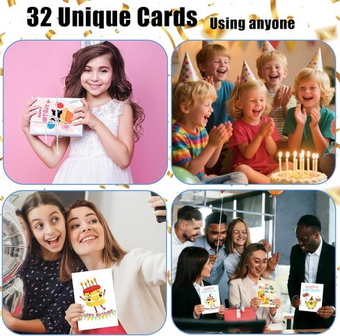 مجموعة بطاقات عيد ميلاد مضحكة، 32 تصميمًا فريدًا من نوعه، مجموعة بطاقات عيد ميلاد سعيد لطيفة مع مغلفات وملصقات، بطاقات عيد ميلاد متنوعة مع فارغة من الداخل - بطاقة تهنئة مقاس 4 × 6 بوصة مثالية لإرسال أمنيات عيد ميلاد دافئة للأطفال وأصدقاء العائلة in Kuwait