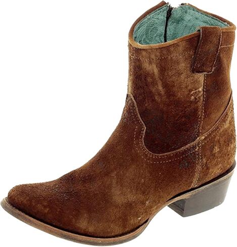 أحذية Corral Boots النسائية ذات اللون البني الداكن المصنوعة يدويًا غربية | حذاء للكاحل بمقدمة مستديرة ومزخرف بجلد الحمل وسحاب جانبي in Kuwait