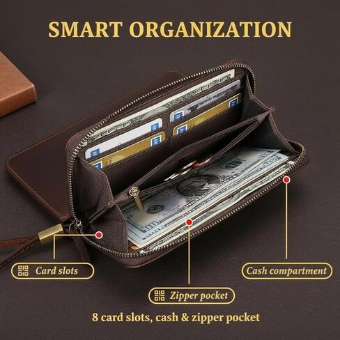 Genuine Leather Wallet Large Zippered Purse with RFID Blocking Holds Cards Coins Cash for Daily Use (Coffee) in Kuwait