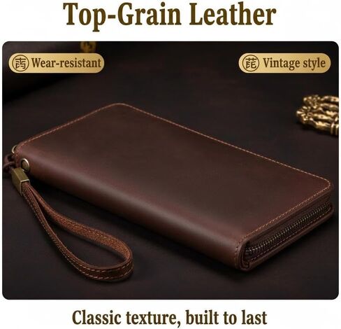 Genuine Leather Wallet Large Zippered Purse with RFID Blocking Holds Cards Coins Cash for Daily Use (Coffee) in Kuwait