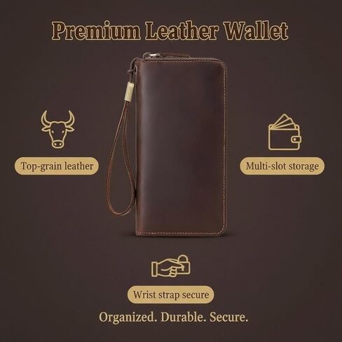 Genuine Leather Wallet Large Zippered Purse with RFID Blocking Holds Cards Coins Cash for Daily Use (Coffee) in Kuwait