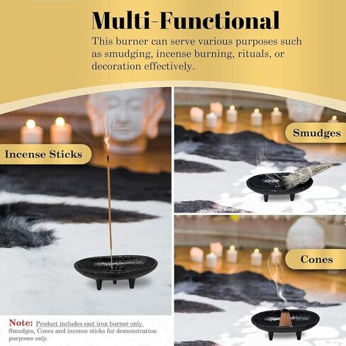 مجموعة مبخرة بخور من الحديد الزهر مقاس 4 × 2 بوصة، صائد رماد البخور ثلاثي الأرجل مثالي للتلطخ وطقوس حرق البخور والديكور in Kuwait