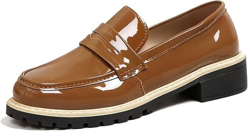 Chunky Heel Penny Loafers for Women Glossy Patent Leather Retro Comfortable Round Toe Anti-Slip Lug Sole Platform Slip On Loafers Casual Work Business Dress Shoes in Kuwait