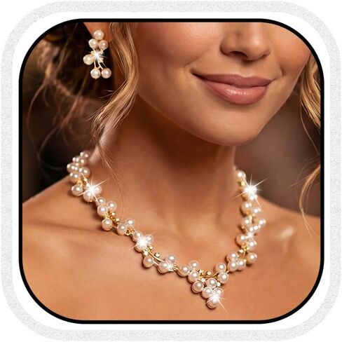 Unicra Gold Pearl Jewelry Set Wedding Prom Necklace Earrings Bracelet Sets Rhinestone Formal Jewelry for Women and Brides in Saudi Arabia