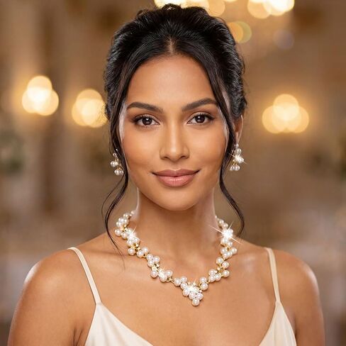 Unicra Gold Pearl Jewelry Set Wedding Prom Necklace Earrings Bracelet Sets Rhinestone Formal Jewelry for Women and Brides in Saudi Arabia