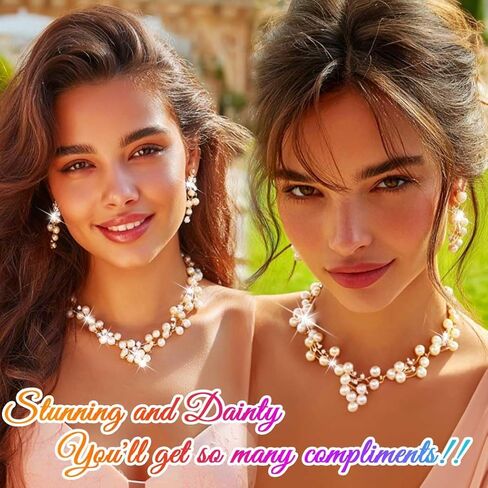 Unicra Gold Pearl Jewelry Set Wedding Prom Necklace Earrings Bracelet Sets Rhinestone Formal Jewelry for Women and Brides in Saudi Arabia