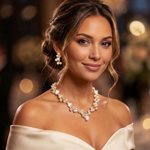 Unicra Gold Pearl Jewelry Set Wedding Prom Necklace Earrings Bracelet Sets Rhinestone Formal Jewelry for Women and Brides in Saudi Arabia