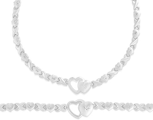 Floreo 925 Sterling Silver Stampato XOXO Hugs and Kisses with Open Heart Pendant Bracelet and Necklace Set in Saudi Arabia