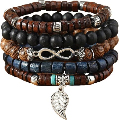 5 PCS Bohemian Multilayered Wood Beaded Layered Bracelets for women Men Vintage Boho Handmade Turquoise Feather Stackable Bracelet Birthday Fashion Accessoriess in Saudi Arabia