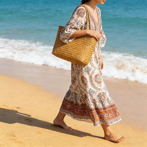 Handmade Seagrass Woven Tote Bag Natural Style Vintage Craftsmanship Lightweight Handheld and Shoulder Bag for Summer Outings and Beach Adventures Flower Basket Beach Bag Woven for Women in Saudi Arabia