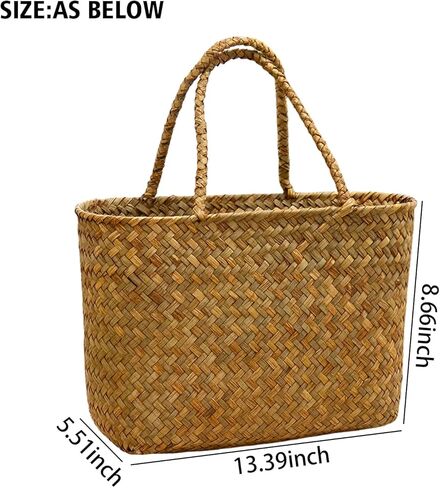 Handmade Seagrass Woven Tote Bag Natural Style Vintage Craftsmanship Lightweight Handheld and Shoulder Bag for Summer Outings and Beach Adventures Flower Basket Beach Bag Woven for Women in Saudi Arabia