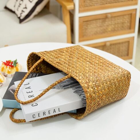 Handmade Seagrass Woven Tote Bag Natural Style Vintage Craftsmanship Lightweight Handheld and Shoulder Bag for Summer Outings and Beach Adventures Flower Basket Beach Bag Woven for Women in Saudi Arabia