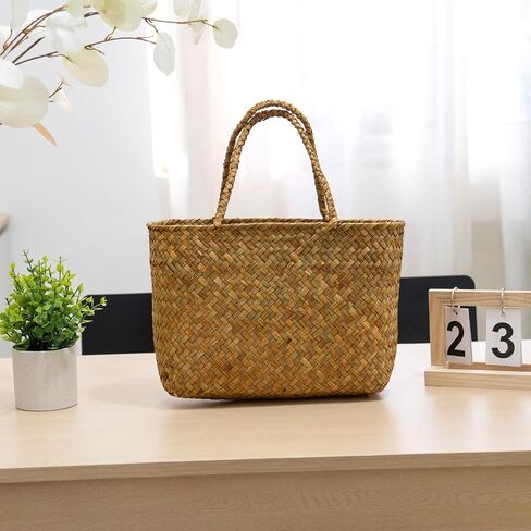 Handmade Seagrass Woven Tote Bag Natural Style Vintage Craftsmanship Lightweight Handheld and Shoulder Bag for Summer Outings and Beach Adventures Flower Basket Beach Bag Woven for Women in Saudi Arabia