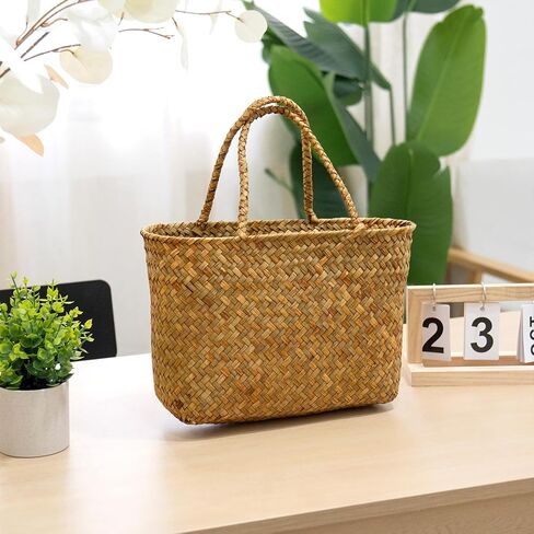 Handmade Seagrass Woven Tote Bag Natural Style Vintage Craftsmanship Lightweight Handheld and Shoulder Bag for Summer Outings and Beach Adventures Flower Basket Beach Bag Woven for Women in Saudi Arabia