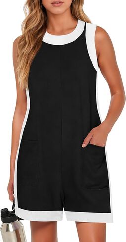 Yousify Women's Summer Casual Rompers Color Block Sleeveless Crewneck Jumpsuit Cotton Loose Shorts Overalls with Pockets in Saudi Arabia