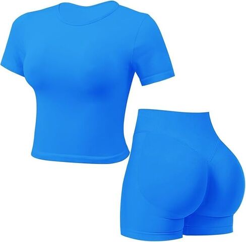 Workout Sets for Women 2 Piece Seamless Short Sleeve Tank Top Hidden Scrunch Shorts Gym Outfits in Saudi Arabia