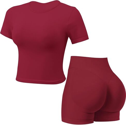Workout Sets for Women 2 Piece Seamless Short Sleeve Tank Top Hidden Scrunch Shorts Gym Outfits in Saudi Arabia