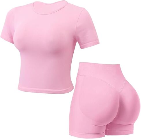 Workout Sets for Women 2 Piece Seamless Short Sleeve Tank Top Hidden Scrunch Shorts Gym Outfits in Saudi Arabia