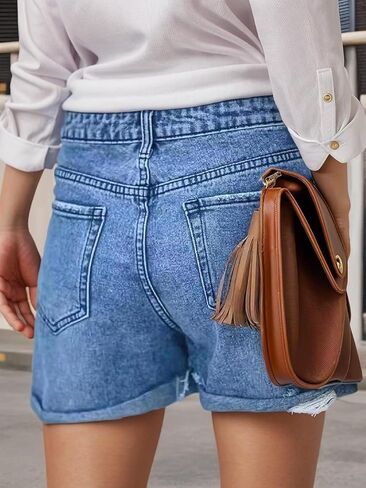 Womens Ripped Cutoff Denim Jean Shorts Mid High Waist Stretchy Summer Casual Hot Pants in Saudi Arabia