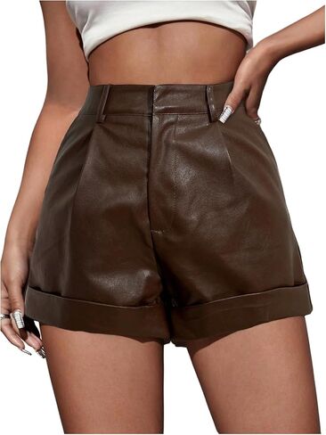 MakeMeChic Women's PU Leather Shorts High Waisted Roll Up Zipper Fly Shorts with Pocket in Saudi Arabia