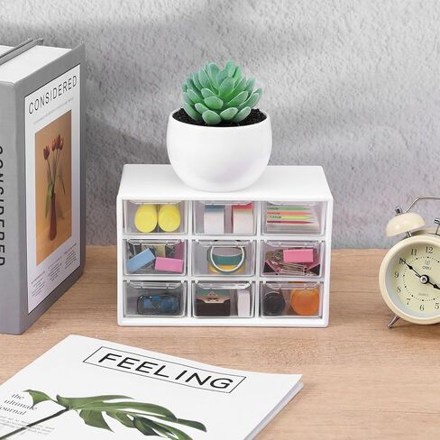 2 Pcs Mini Plastic Drawer Organizer with 9 Clear Drawers, White Small Desktop Storage Compartments for Office, School, Home, Craft Supplies & Jewelry in Saudi Arabia