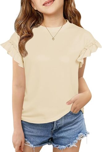 Haloumoning Girls Ruffle Short Sleeve T Shirts Kids Summer Crewneck Tops Cute Tees Blouse 5-14 Years in Saudi Arabia