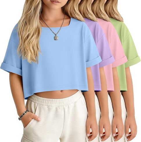 4 Pack Girls Oversized Crop Tops Kids Square Neck Cropped T Shirts Basic Cuffed Short Sleeve Tees Summer 5-14 Y in Saudi Arabia
