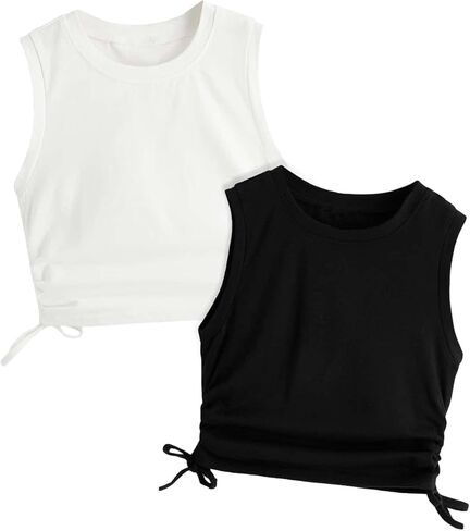 Girl's 2 Pack Tank Tops Ruched Knot Side Crew Neck Sleeveless Basic Crop Top in Saudi Arabia