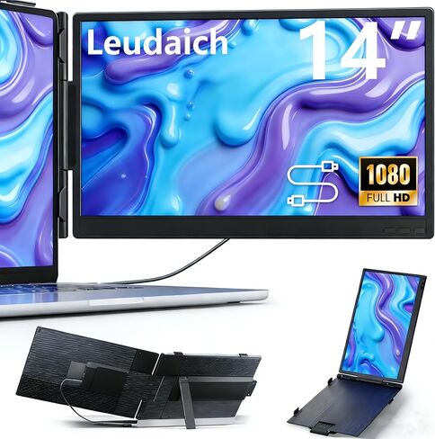 14'' Screen Extender Portable Laptop Plug-play, 1080P IPS Laptop Monitor Extender Built-in Speaker, HDMI/USB-A/Type-C Triple Monitor for 13''-17.3'' Laptops, Work with Mac, Windows, Chrome, Switch in Kuwait