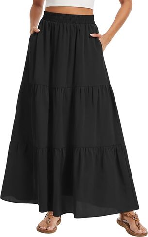 AYIFU Women's Summer Boho Maxi Skirt Flowy Tiered A-Line High Waist Pleated Long Skirts with Pockets for Beach Vacation in Kuwait