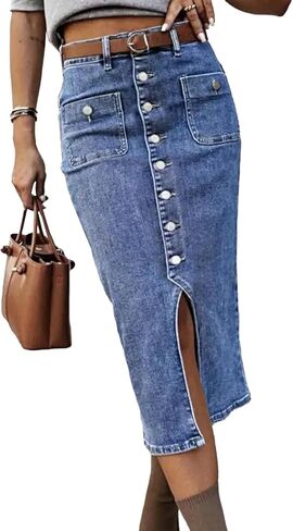 yoeasy Womens Denim Midi Skirt Button Front Slit Vintage High Waist Casual A-Line Long Jean Skirt with Pockets in Saudi Arabia