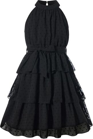 Move Dance Girls Dress Halter Neck Flared A-Line Swiss Dot Chiffon Sundress 6-13 Years in Saudi Arabia