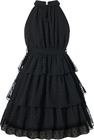 Move Dance Girls Dress Halter Neck Flared A-Line Swiss Dot Chiffon Sundress 6-13 Years in Saudi Arabia