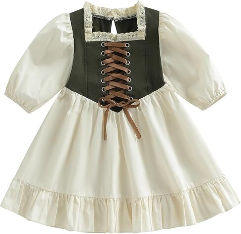 Toddler Little Girl Front Tie Dress Lantern Lace Ruffle Princess Girls Dresses Vintage Clothes Outfit 1-6 Years in Kuwait