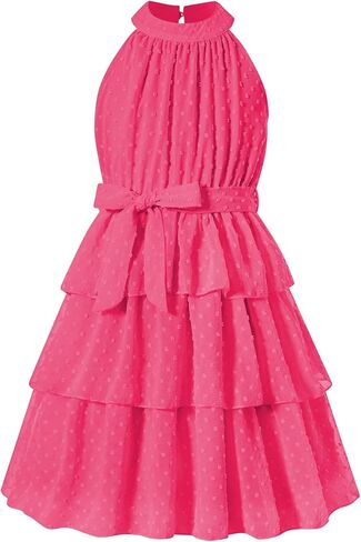 فستان Move Dance للفتيات ذو رقبة رسن واسعة على شكل حرف A سويسري منقط من الشيفون فستان الشمس من 6 إلى 13 سنة in Kuwait