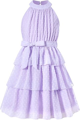Move Dance Girls Dress Halter Neck Flared A-Line Swiss Dot Chiffon Sundress 6-13 Years in Saudi Arabia