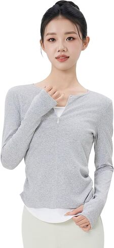 Long Sleeve Teen Girls Women Athletic Shirts, Faux-2 Pieces Dance Tops Undershirts for Yoga in Saudi Arabia