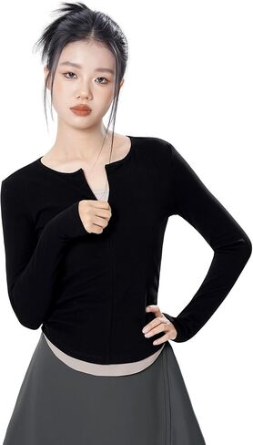 Long Sleeve Teen Girls Women Athletic Shirts, Faux-2 Pieces Dance Tops Undershirts for Yoga in Saudi Arabia