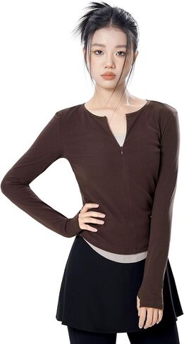 Long Sleeve Teen Girls Women Athletic Shirts, Faux-2 Pieces Dance Tops Undershirts for Yoga in Saudi Arabia