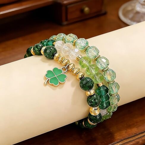 3 Pack Beaded Bracelet Stackable Christmas Thanksgiving St. Patrick’s Day, Lucky Green Beaded Bracelet, Festive Jewelry Gifts for Women in Saudi Arabia