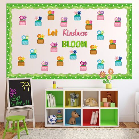 BeYumi Spring Flowers Bulletin Board - 63Pcs Back to School Let Kindness Bloom Bulletin Board 3D Flower Pot Cutouts Grass Border Trim Classroom Preschool Kindergarten Chalkboard Decoration Supplies in Saudi Arabia
