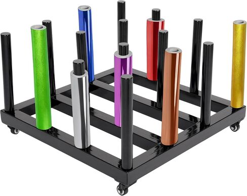 حامل لفافة رف تخزين من الفينيل - عربة لف حامل وسائط فولاذية شديدة التحمل مكونة من 16 لفة، 1200 رطل مطلية بمسحوق أسود 27.3 × 27.4 × 16.9 بوصة in Kuwait