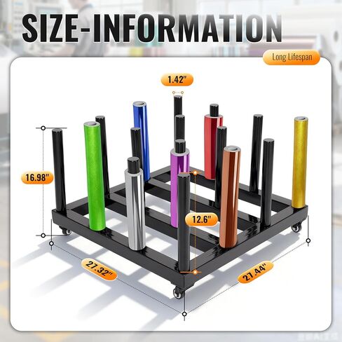 حامل لفافة رف تخزين من الفينيل - عربة لف حامل وسائط فولاذية شديدة التحمل مكونة من 16 لفة، 1200 رطل مطلية بمسحوق أسود 27.3 × 27.4 × 16.9 بوصة in Kuwait