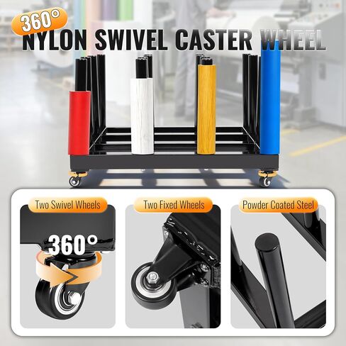 حامل لفافة رف تخزين من الفينيل - عربة لف حامل وسائط فولاذية شديدة التحمل مكونة من 16 لفة، 1200 رطل مطلية بمسحوق أسود 27.3 × 27.4 × 16.9 بوصة in Kuwait