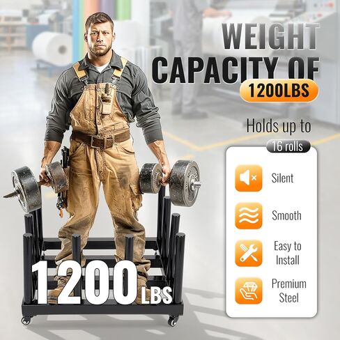 حامل لفافة رف تخزين من الفينيل - عربة لف حامل وسائط فولاذية شديدة التحمل مكونة من 16 لفة، 1200 رطل مطلية بمسحوق أسود 27.3 × 27.4 × 16.9 بوصة in Kuwait