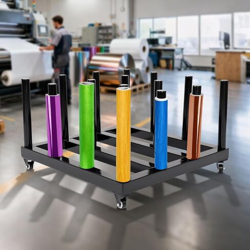 حامل لفافة رف تخزين من الفينيل - عربة لف حامل وسائط فولاذية شديدة التحمل مكونة من 16 لفة، 1200 رطل مطلية بمسحوق أسود 27.3 × 27.4 × 16.9 بوصة in Kuwait