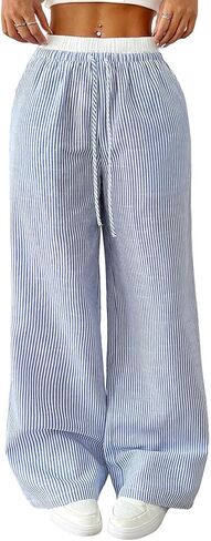 سراويل مخططة للنساء بأرجل واسعة مرنة عالية الخصر سراويل بوكسر بيجامة كاجوال مع جيوب in Kuwait