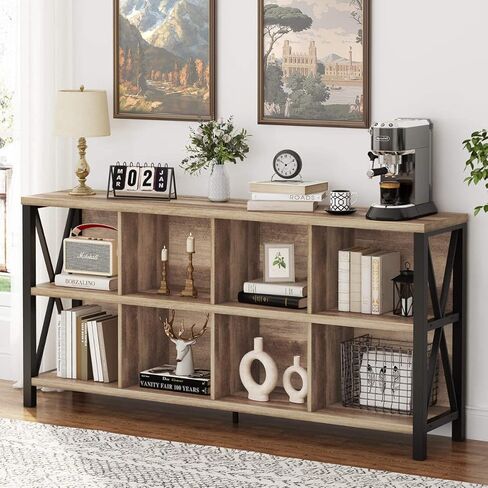 FATORRI 8 Cube Storage Organizer Bookshelf, 62 Inch Rustic Wood Horizontal Bookcase, Industrial Cube Long Book Shelf for Living Room (Walnut Brown) in Saudi Arabia