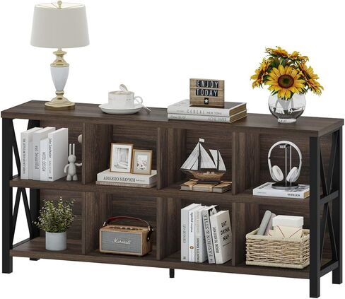 FATORRI 8 Cube Storage Organizer Bookshelf, 62 Inch Rustic Wood Horizontal Bookcase, Industrial Cube Long Book Shelf for Living Room (Walnut Brown) in Kuwait