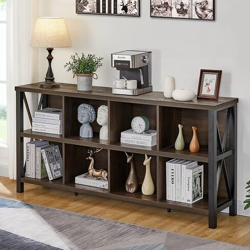 FATORRI 8 Cube Storage Organizer Bookshelf, 62 Inch Rustic Wood Horizontal Bookcase, Industrial Cube Long Book Shelf for Living Room (Walnut Brown) in Saudi Arabia